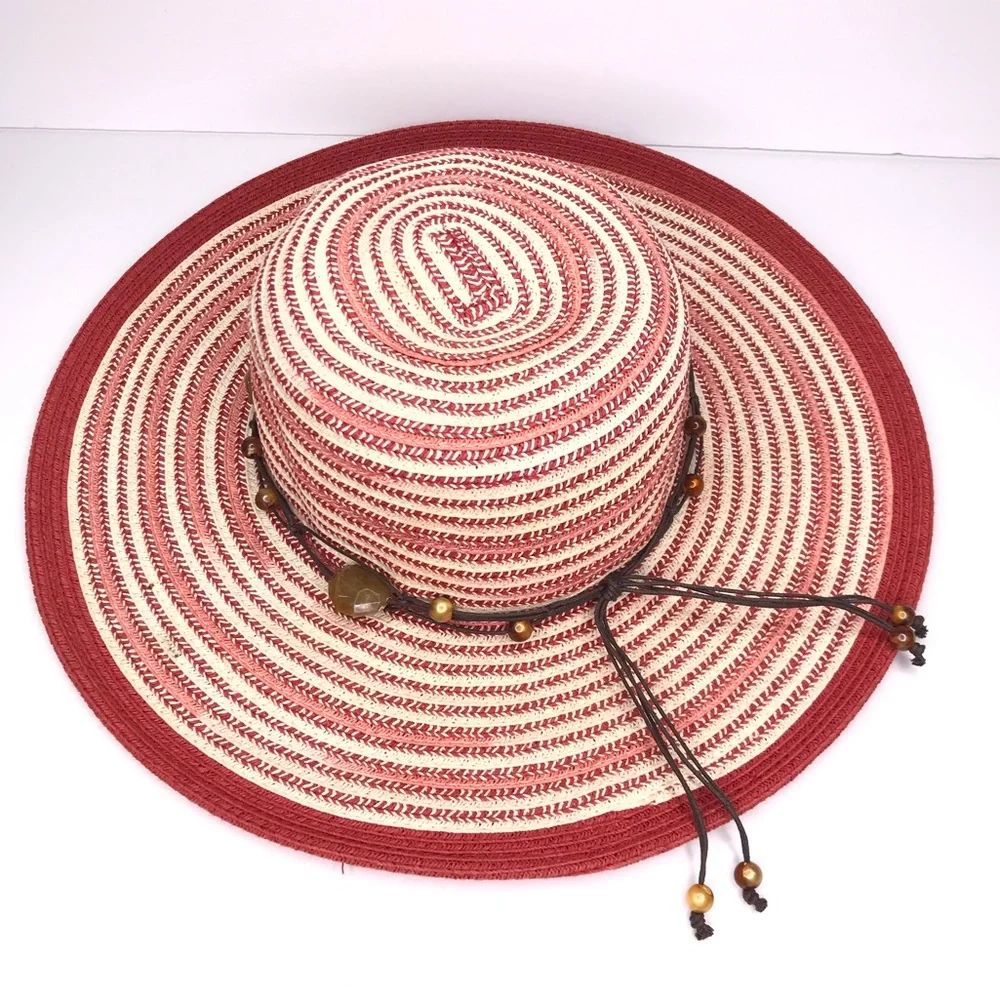 SUN N SAND Red Woven Beach Hat With Beaded Trim